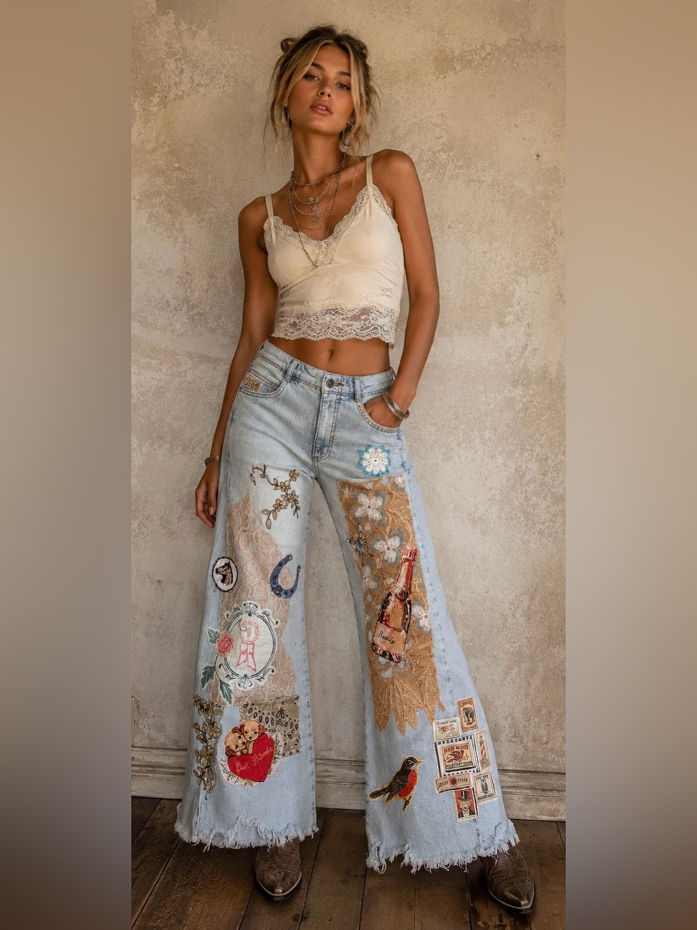 Upcycled Western Boho Festival Hippie patchwork  Embroidered  Wide-Leg Jeans
